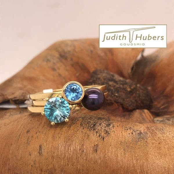 Handgemaakte geelgouden cocktail ring met Parel en een briljant geslepen Zirkoon en Aquamarijn mt 17,25