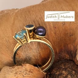 Handgemaakte geelgouden cocktail ring met Parel en een briljant geslepen Zirkoon en Aquamarijn mt 17,25