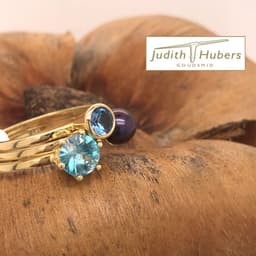 Handgemaakte geelgouden cocktail ring met Parel en een briljant geslepen Zirkoon en Aquamarijn mt 17,25