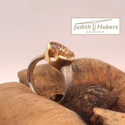 Handgemaakte zilveren ring met ovaal geslepen Fancy Citrien in een geelgouden zetting mt 18,3